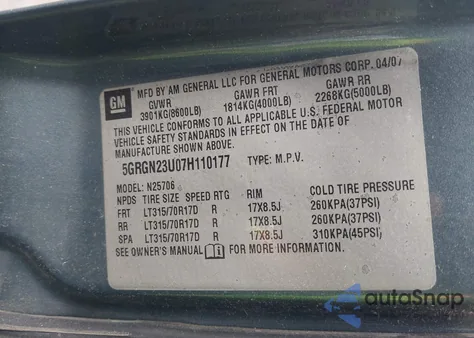 2007 Hummer H2 Suv z USA, uszkodzony, nr VIN 5GRGN23U07H110177